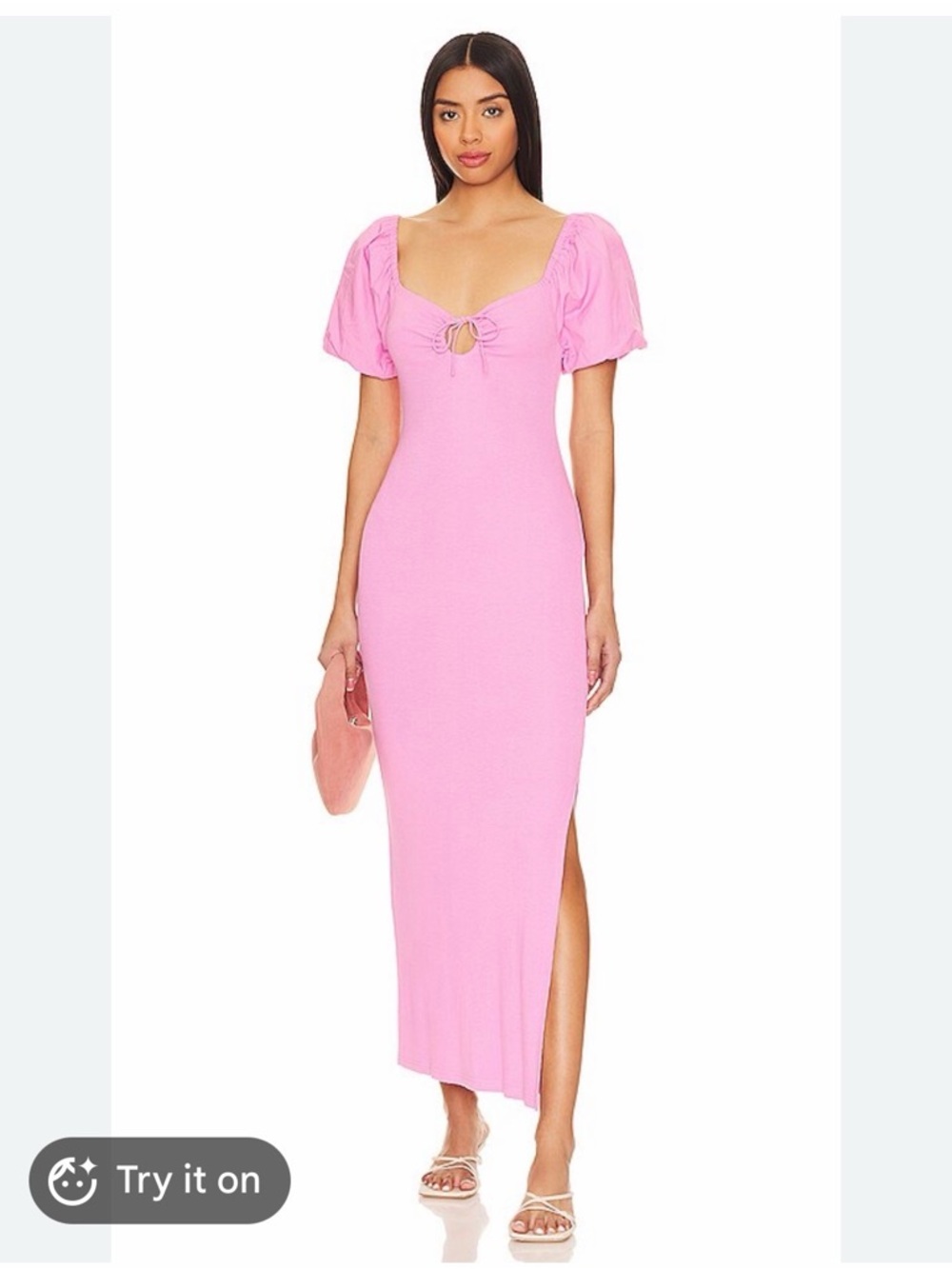 l*space Pink Puff-Sleeve Midi Dress with Tie Neck and built in bra